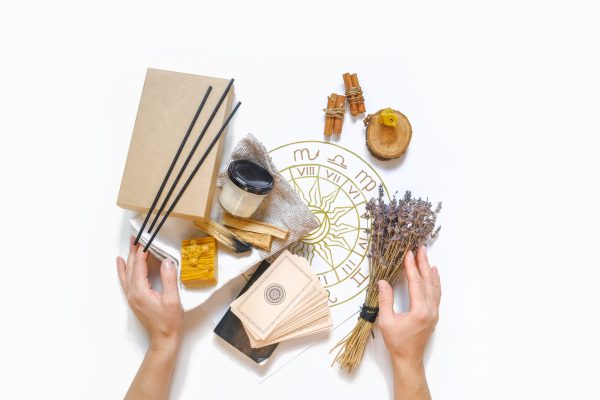 Wellness, mental health. Gift for meditation at home with palo santo care aromatherapy, wellness, meditation, spa, relaxation, occult, spiritual cleansing