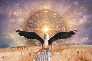 Astrología terapéutica representada como mandala astrológico con fondo cósmico y geometría sagrada simbolizando integración psicológica.