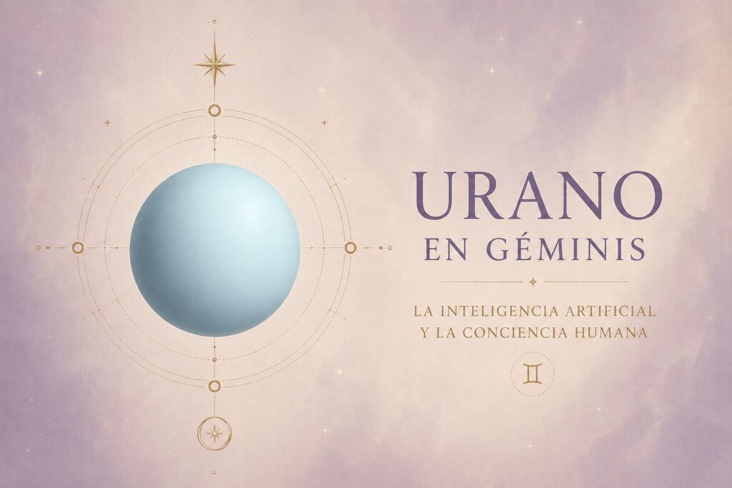 Ilustración de Urano en Géminis representando la conexión entre inteligencia artificial, mente y conciencia humana en astrología