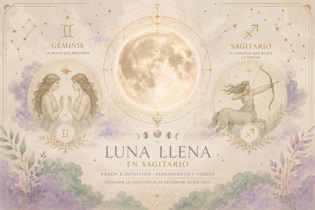 Arquetipos Géminis y Sagitario en astrología terapéutica, alumbrándose durante la Luna Llena