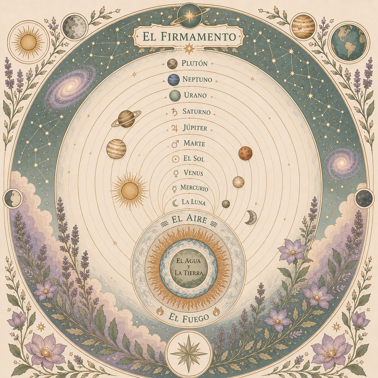 Astrología terapéutica representada como mandala astrológico con fondo cósmico y geometría sagrada simbolizando integración psicológica, los diferentes niveles de conciencia y la psicología simbólica para el proceso de transformación interior.