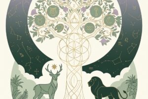 Ilustración de árbol cósmico rodeado del zodíaco, con un ciervo y un león como arquetipos animales, símbolo del eje entre cielo, tierra y psique en psicología simbólica