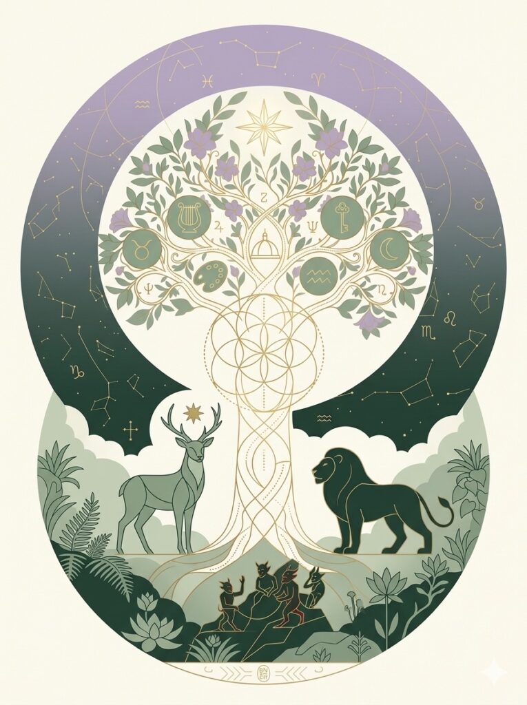 Ilustración de árbol cósmico rodeado del zodíaco, con un ciervo y un león como arquetipos animales, símbolo del eje entre cielo, tierra y psique en psicología simbólica
