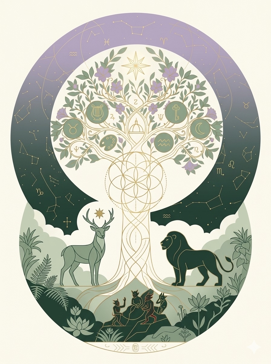 Ilustración de árbol cósmico rodeado del zodíaco, con un ciervo y un león como arquetipos animales, símbolo del eje entre cielo, tierra y psique en psicología simbólica