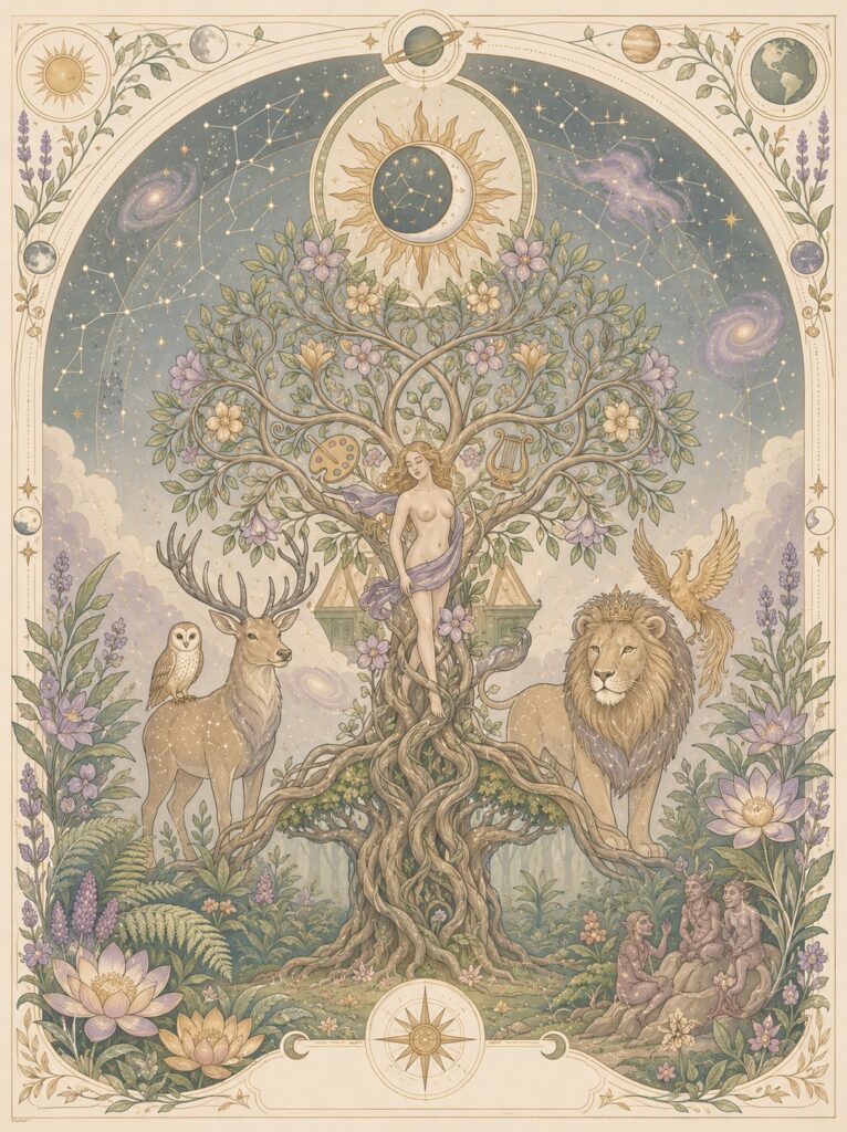 Ilustración del trabajo con la astrologia terapeutica, con el árbol cósmico rodeado del zodíaco, con un ciervo y un león como arquetipos animales, símbolo del eje entre cielo, tierra y psique.