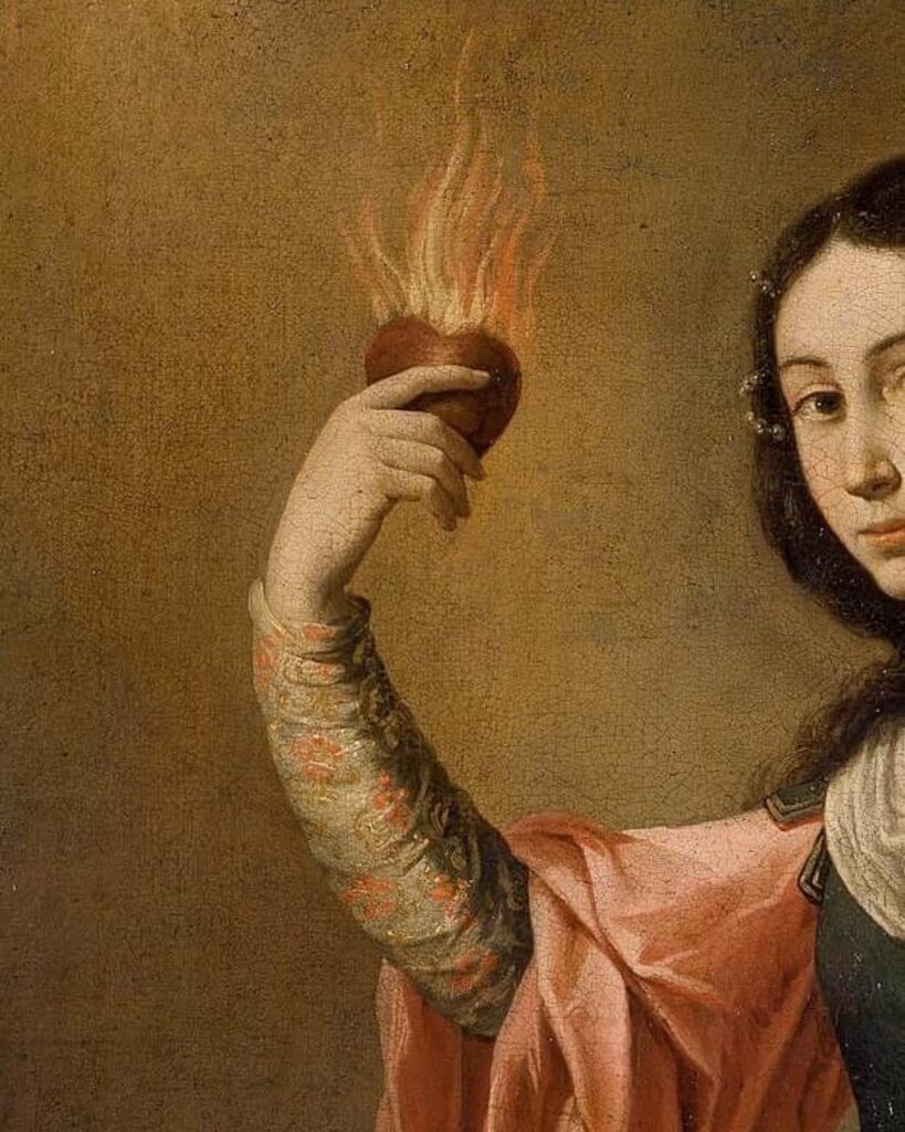 Pintura barroca de una joven sosteniendo un corazón en llamas, imagen del símbolo como vía de transformación interior y del proceso alquímico en psicología simbólica