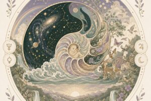 Ilustración del proceso evolutivo de conciencia, con el espiral, el proceso de conciencia de la naturaleza de la tierra, y el cielo cósmico rodeado del zodíaco, con arquetipos animales, símbolo del eje entre cielo, tierra y psique.