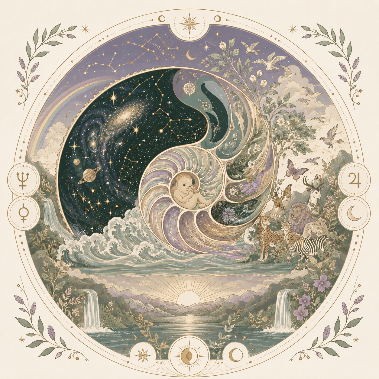 Ilustración del proceso evolutivo de conciencia, con el espiral, el proceso de conciencia de la naturaleza de la tierra, y el cielo cósmico rodeado del zodíaco, con arquetipos animales, símbolo del eje entre cielo, tierra y psique.