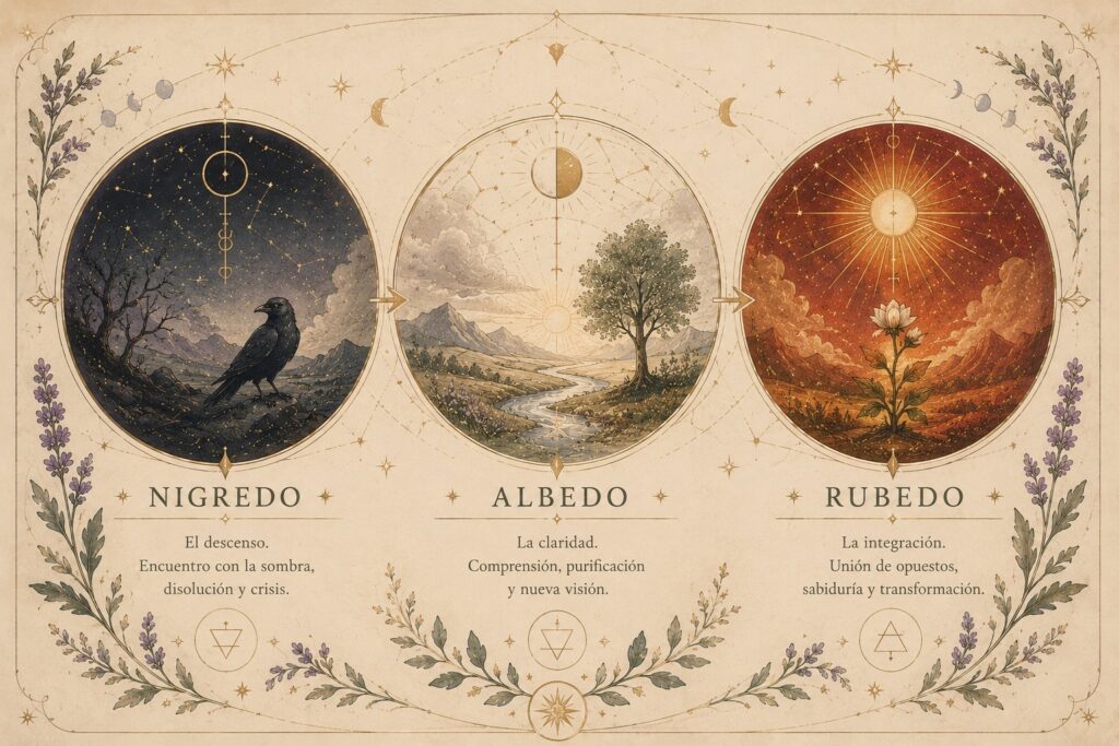 Etapas del proceso alquímico interior: Nigredo, Albedo y Rubedo