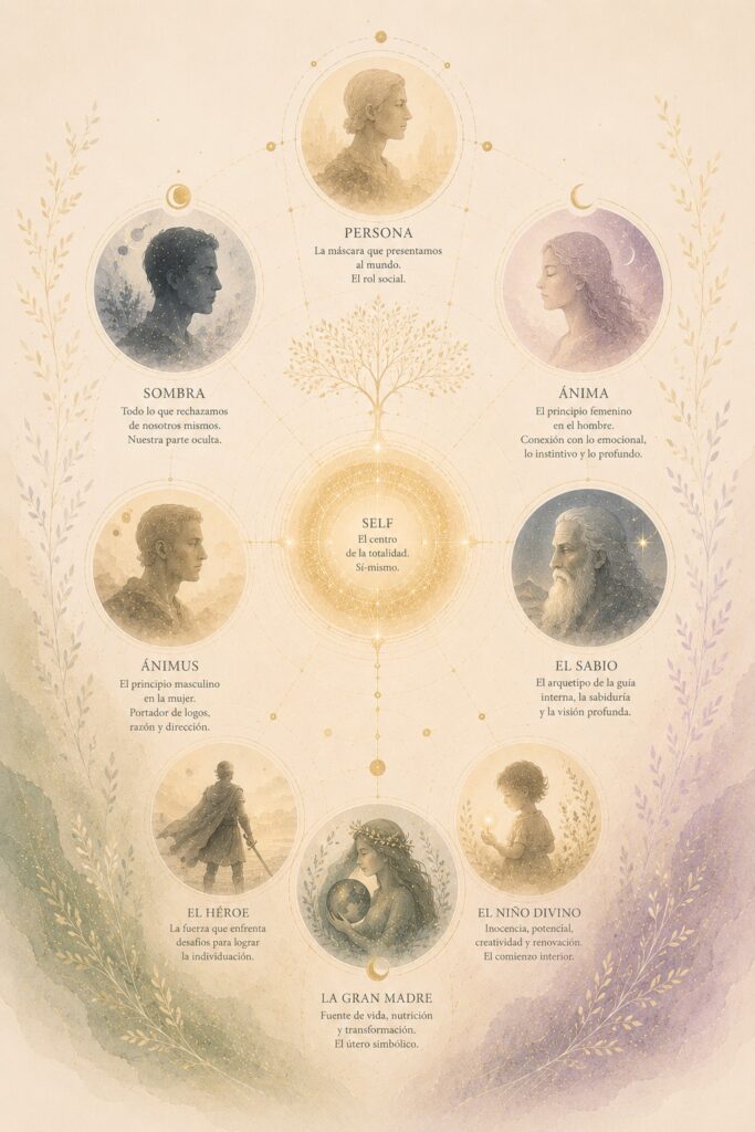Representación de los principales arquetipos de la psique segun la psicología de Carl Jung